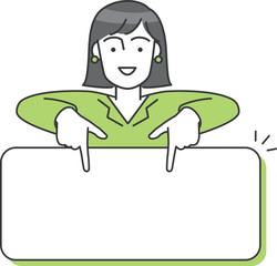 ジネスパーソン（女性）が両手で下のボードを指差しているベクターイラスト