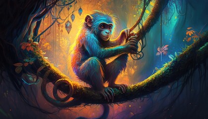 Mystic Jungle's Fluorescent Monkey. Generative AI