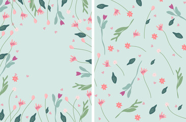 Bright compositions of cards with colored flowers, green leaves, hearts, etc. Ideal for greeting cards, cards, banners, posters. Vector graphics.