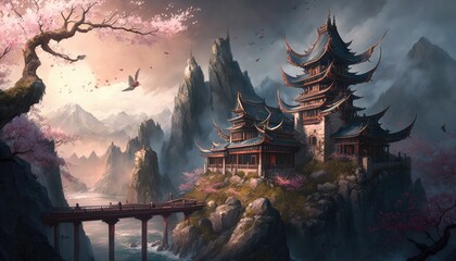 Obraz premium Mountaintop Palace of the Orient. Generative AI