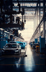 a car assembly factory in a wide hall . car industry. Ai generative