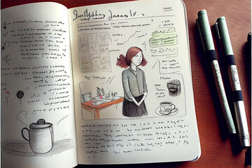 Opened notebook filled with different sketches and handwritten texts made with generative a
AI