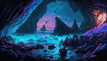 Obraz premium Enchanted Coastline: A Mystic Fluorescent Fantasy. Generative AI