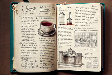 Opened notebook filled with different sketches and handwritten texts made with generative a
AI