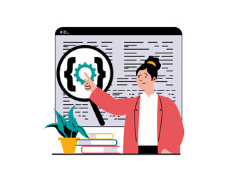 Programming software concept with character situation. Woman working with code at screen, fixing bugs and engineering program process. Illustrations with people scene in flat design for web