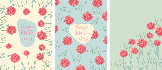 Fototapeta na wymiar Happy Mother's Day greeting card with bright flowers, green leaves, hearts, etc. The concept of happiness, joy, holiday. Vector graphics.