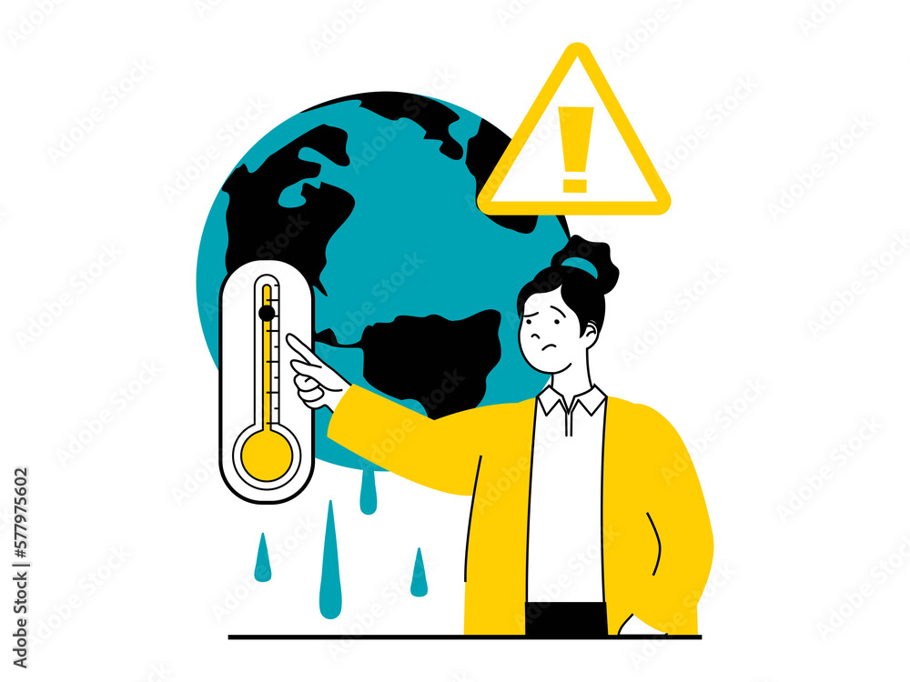 Poster save earth concept with character situation. eco activist woman pointing at thermometer with high te