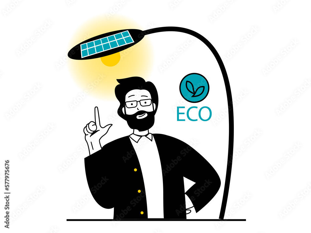 Leinwandbilder save earth concept with character situation. eco friendly man uses lamp with solar panels, alternati