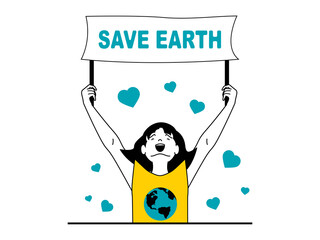 Save Earth concept with character situation. Woman eco activist holding banner with call to save planet at environmental demonstration. Illustrations with people scene in flat design for web