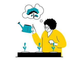 Save Earth concept with character situation. Woman eco volunteer grows young seedling of trees for planting in parks, nature conservation. Illustrations with people scene in flat design for web