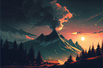 An illustration of a lake with fog and a volcano in the distance looking spooky. the sun is rising, generative ai