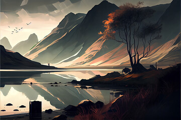 An illustration of a lake with fog and a mountain in the distance looking spooky. the sun is rising, generative ai