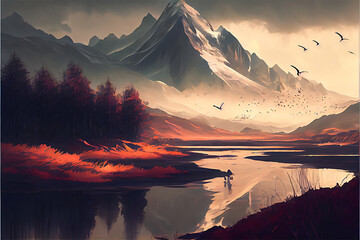 An illustration of a lake with fog and a mountain in the distance looking spooky. the sun is rising, generative ai