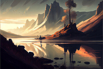An illustration of a lake with fog and a mountain in the distance looking spooky. the sun is rising, generative ai