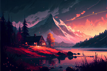 An illustration of a lake with fog and a mountain in the distance looking spooky. the sun is rising, generative ai