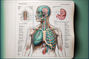anatomy of the human body on a piece of paper with text next to it as a description, generative ai