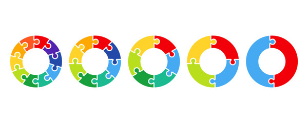 Set of circular puzzle. Pieces puzzle on circle. Colorful diagram template. Process, stages, segment or step.