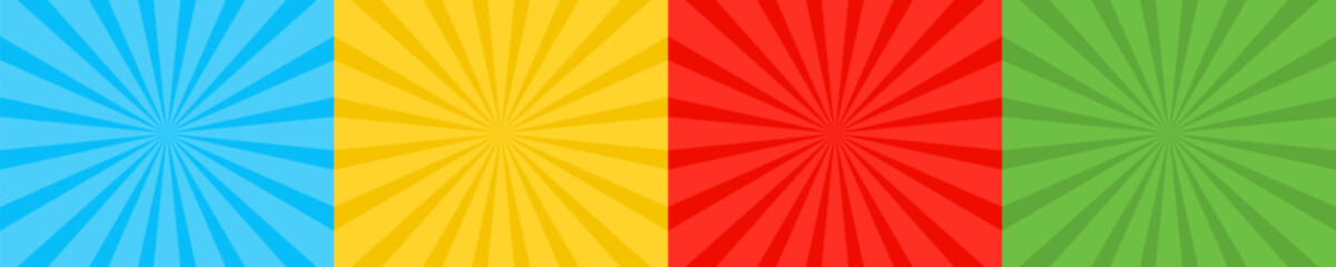 Set of abstract explosion effect. Blue, yellow, red and green sunburst or sunlight. Retro burst rays.