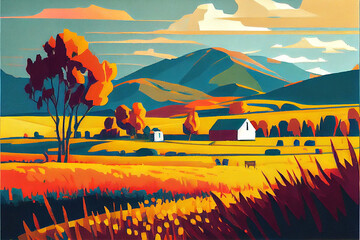 beautiful scenery drawen with watercolors, bright sky and trees and soft clouds during spring or summer, generative ai