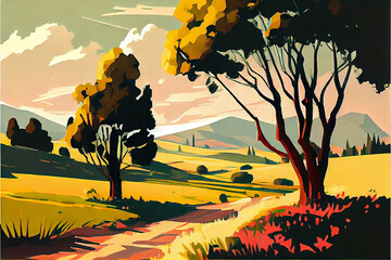 beautiful scenery drawen with watercolors, bright sky and trees and soft clouds during spring or summer, generative ai