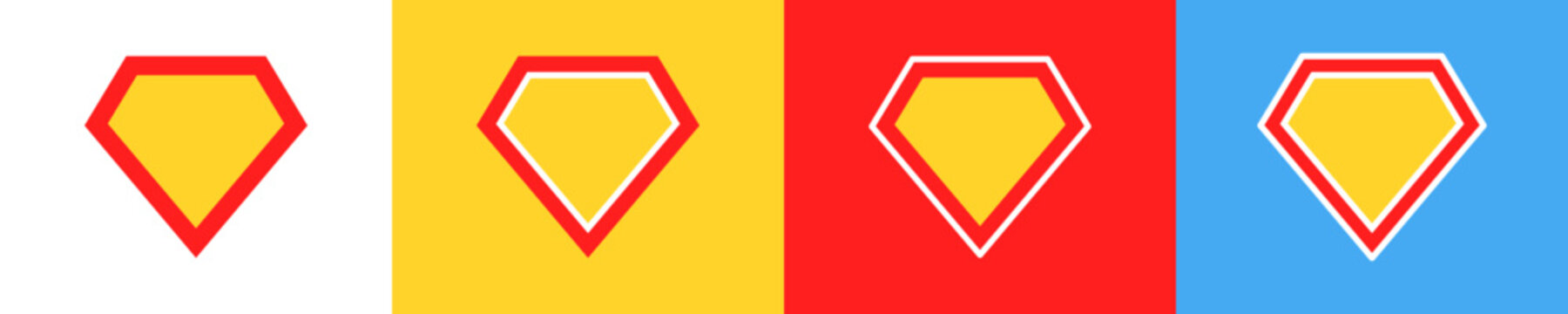 Set of superhero symbol. Yellow and red logo on chest superman. Strength and strong comic man.