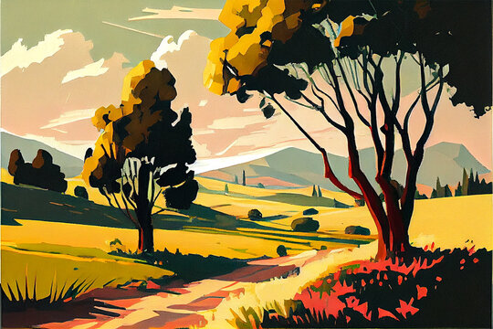 beautiful scenery drawen with watercolors, bright sky and trees and soft clouds during spring or summer, generative ai
