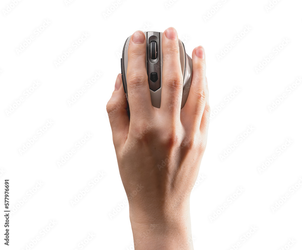 Aufkleber hand on computer mouse isolated on white background, top above view