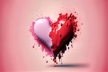 Illustration of a heart looking like a 3d rendering of paint forming a heart in the air and splashing everywhere, generative ai