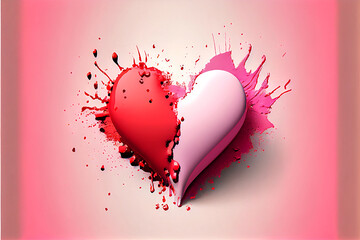 Illustration of a heart looking like a 3d rendering of paint forming a heart in the air and splashing everywhere, generative ai