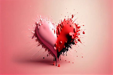 Illustration of a heart looking like a 3d rendering of paint forming a heart in the air and splashing everywhere, generative ai