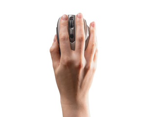 Hand on computer mouse isolated on white background, top above view