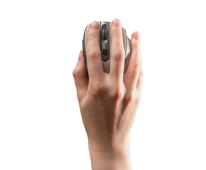 Hand on computer mouse isolated on white background, top above view