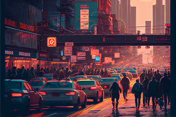 a street in a city with skyscrapers and cars and people during the 20th century, looking like times square, generative ai
