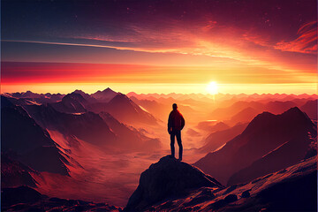 A Person Standing on A Mountain Looking at the Distance where one can see the sun created with Generative AI