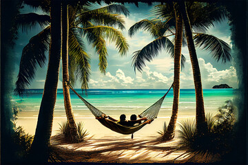 2 people on the beach in a hammock on a tropical island with the beautiful sea in front of them, a clear blue sky with some fluffy clouds and the sun shinning, generative ai