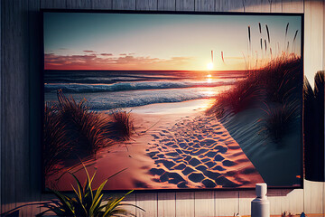 A realistic picture of a beach with the sun on the horizon mounted to the wall with a sideboard underneath it created with generative AI