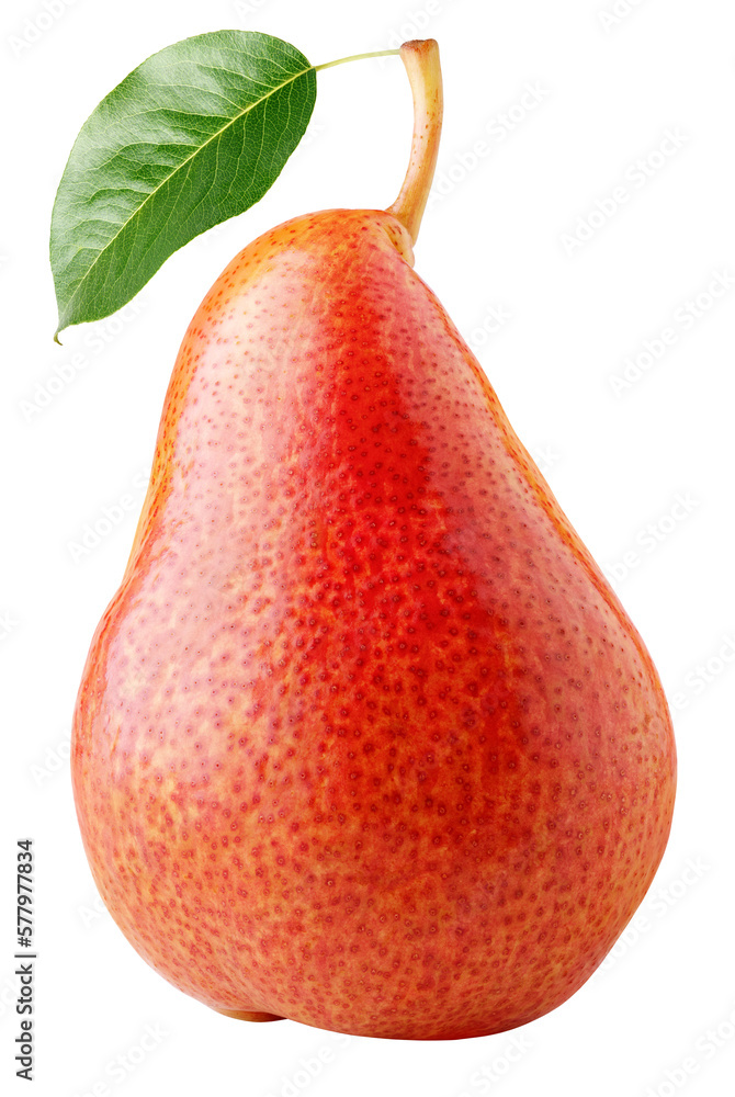 Wall mural red pear with green leaf isolated on transparent background. full depth of field. - Wall murals