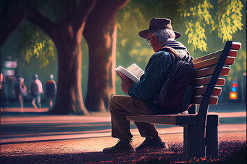 Illustration of a man sitting on a bench and reading a book in the park created with generative ai - obrazy, fototapety, plakaty