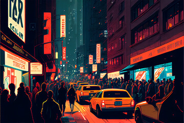 An illustration of a busy street in a futuristic city resembling tokyo with neon lights and cars and people on the street at night, generative ai