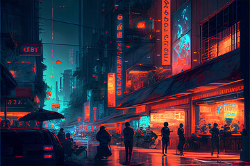 An illustration of a busy street in a futuristic city resembling tokyo with neon lights and cars and people on the street at night, generative ai