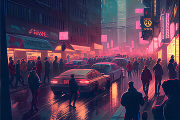 An illustration of a busy street in a futuristic city resembling tokyo with neon lights and cars and people on the street at night, generative ai