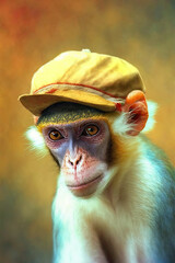 Squirrel Monkey wearing Baseball cap, Psychedelic Illustration. Generative AI