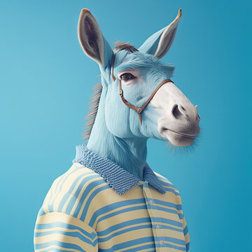 Fashion donkey in shirt. Blue monochrome portrait. Generative AI
