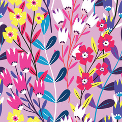 Seamless floral pattern, ditsy print with colorful decorative art botany. Cute botanical design: hand drawn wild plants, small flowers on branches, leaves on a lilac background. Vector illustration.
