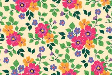 Seamless floral pattern, cute ditsy print with colorful decorative art plants. Summer botanical background design: small and large hand drawn flowers, leaves, twigs in bouquets. Vector illustration.