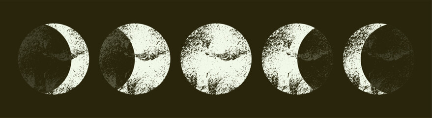 Vintage image of lunar cycles. Mystical drawing with phases of the moon. Textured moon in ink sketch style, print on black surface. Black and white illustration. Vector.