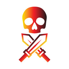 set of skull with crossed sword logo, icon, isolated on white background. skull, head, bone, skeleton, weapon, sword, cross, crossed, blade, cut, knife, mini sword, firefighter, vector illustration
