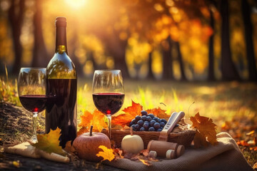 Romantic picnic with wine in autumn park. Created with Generative AI technology.
