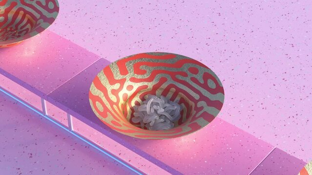 The golden and red bowl on moving conveyor belt are filling up with soft spaghetti. 3d loop