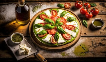  a pizza with tomatoes, cheese and basil on a wooden table.  generative ai